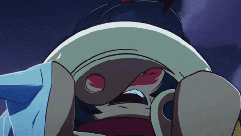 a cartoon character is holding a sword and looking at the camera
