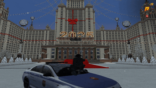 a police car is parked in front of a building with the year 2025 on it