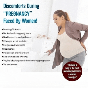 a pregnant woman is holding her back with a list of discomforts during pregnancy faced by women