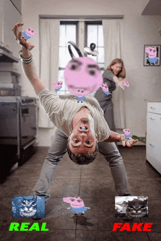 a man is doing a handstand in a kitchen with a woman behind him and the words real fake on the bottom