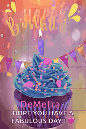 a birthday card with a cupcake with blue frosting and a candle on top .