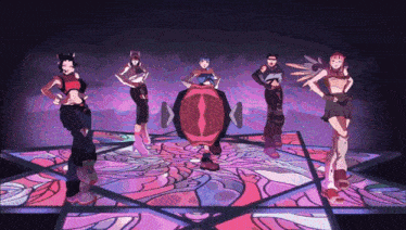 a group of cartoon characters are standing in a circle on a purple background