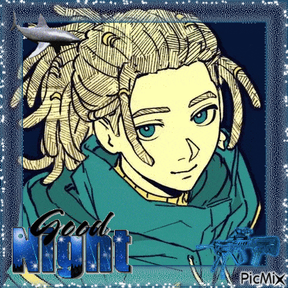 a drawing of a boy with dreadlocks and a shark in the background and the words `` good night '' .