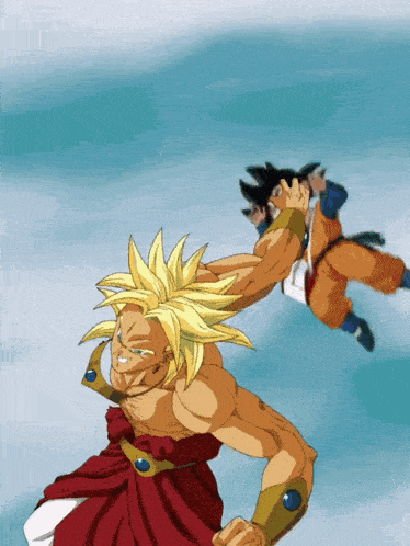 a cartoon of broly and goku fighting with a blue background