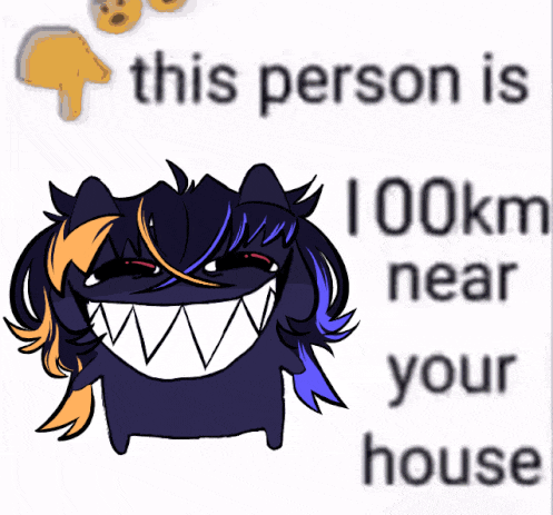 a drawing of a monster with sharp teeth is next to a sign that says 41 km near your be