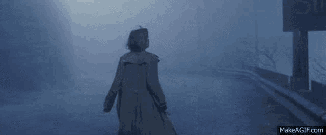a woman in a trench coat is standing in front of a silent hill sign .
