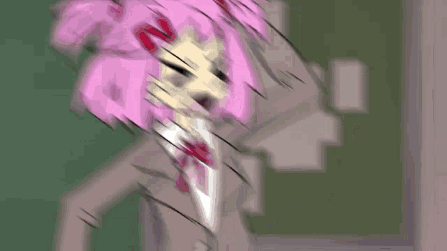 a blurry cartoon of a girl with pink hair standing in front of a green board .