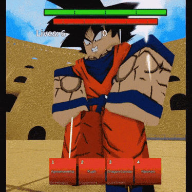 a screenshot of a video game shows a character named goku with a score of 6 lives
