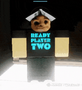 a cartoon character is wearing a ready player two t-shirt