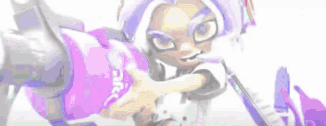 a cartoon character is holding a gun and wearing a purple shirt with the word squid on it .