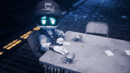 a robot sits at a table with cups and cards