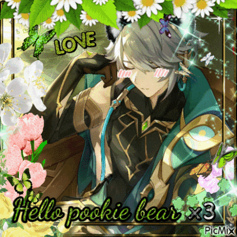 a picture of a boy with a cat ear and the words hello poookie bear x3