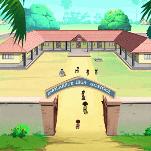 a cartoon drawing of dholakpur high school with students walking in front of it