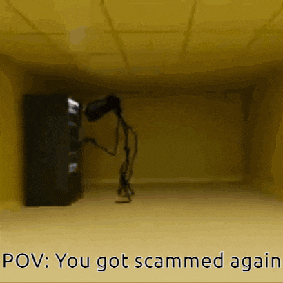 a room with a lamp and the words " you got scammed again " on the bottom
