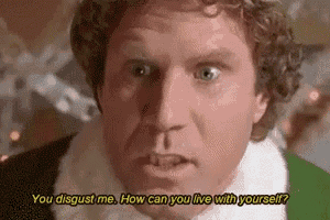 a close up of a man 's face with the words `` you disgust me , how can you live with yourself ''