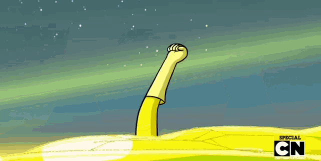 a cartoon character 's arm is reaching out into the air .