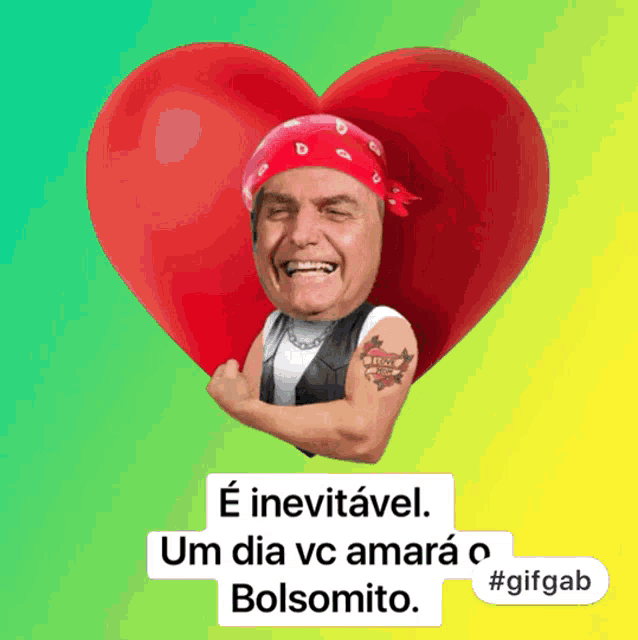 a man with a tattoo on his arm is standing in front of a heart and says bolsomito