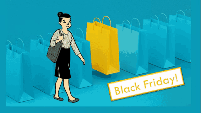 a woman is walking through a row of blue shopping bags with a yellow bag in the middle and a sign that says black friday