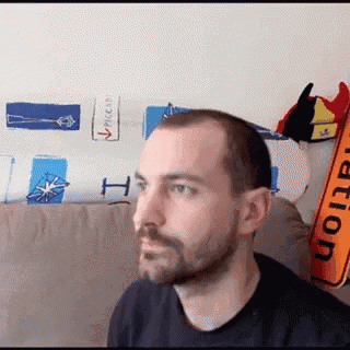 a man with a beard is sitting on a couch in front of a wall with a pelican rocket on it .