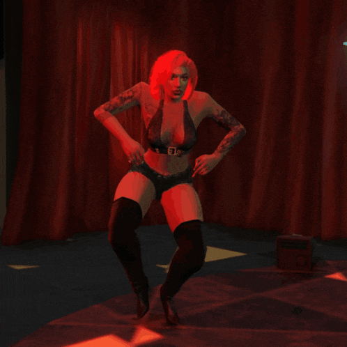 a woman with red hair is dancing in front of a red curtain in a video game