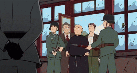 a group of men are standing in front of a window