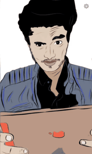 a cartoon drawing of a man with a beard holding a box