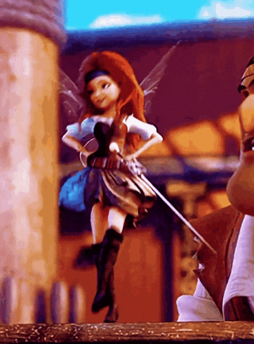 a fairy doll with a sword in her hand is standing next to a man