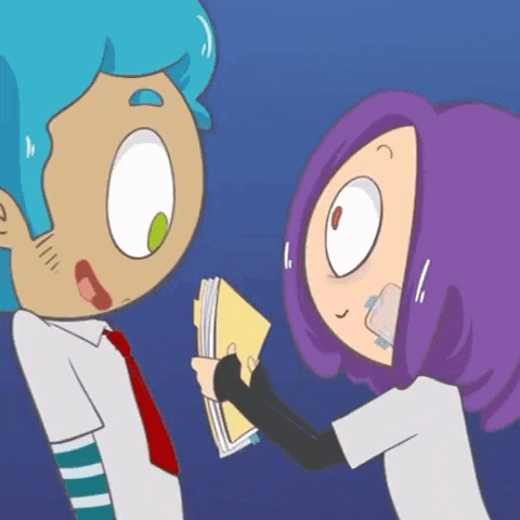 two cartoon characters one with blue hair and one with purple hair are standing next to each other