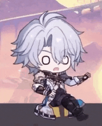 a chibi boy with white hair is sitting on a box in a video game .
