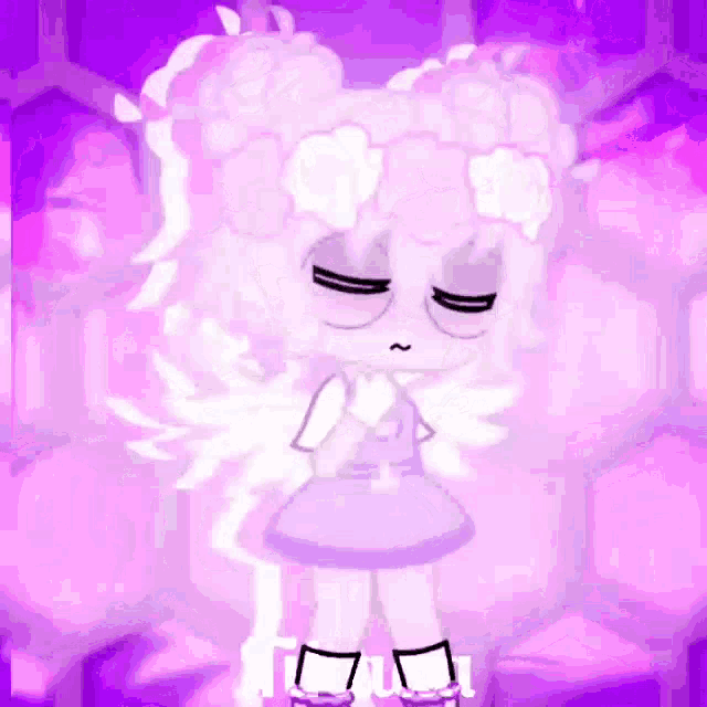 a girl with white hair and a flower crown on her head is standing in a purple room .