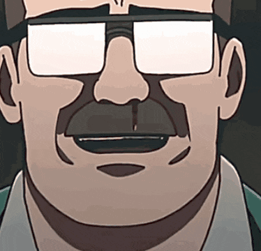 a close up of a man 's face with glasses on