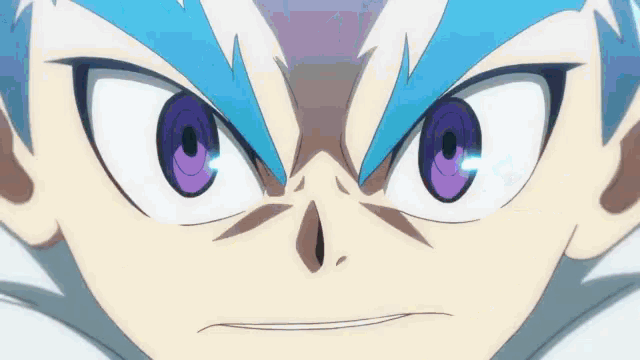 a close up of a cartoon character 's face with purple eyes