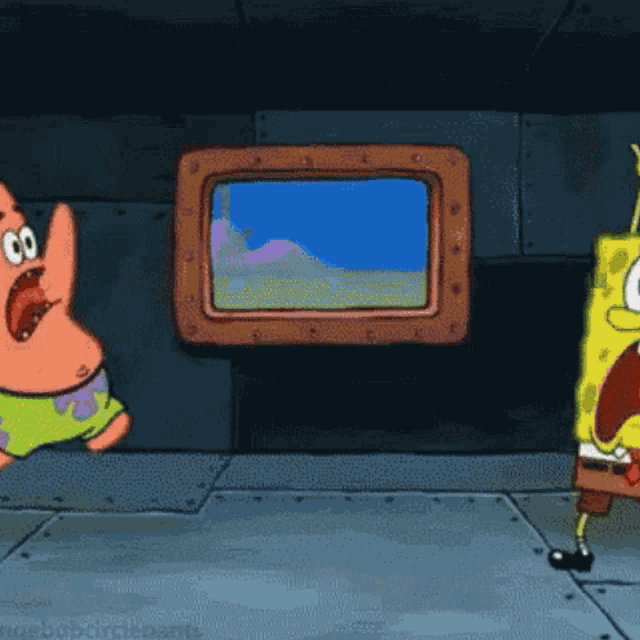 a cartoon of spongebob and patrick in front of a tv