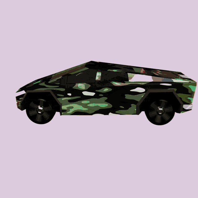 a car with a camouflage pattern on it is against a pink background
