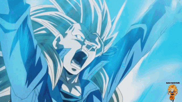 a drawing of a person with a blue background and a logo that says dragon ball