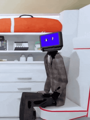 a cartoon character with a laptop on his head has the letter p on his face