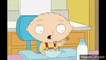 a cartoon character eating cereal with a bottle of milk in the background