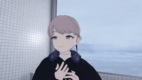 a girl with a ponytail stands in front of a window looking out