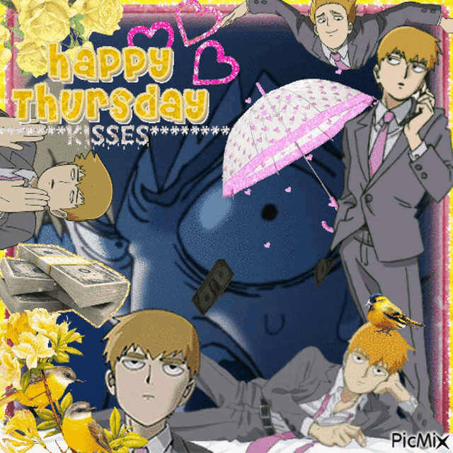 a collage of cartoon characters with the words happy thursday kisses on the top
