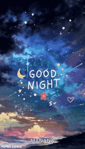 a picture of a night sky with a crescent moon and stars and the words `` good night '' written on it .