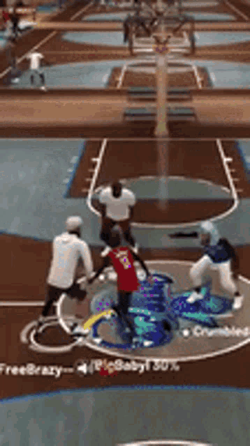 a group of people are playing a video game on a basketball court