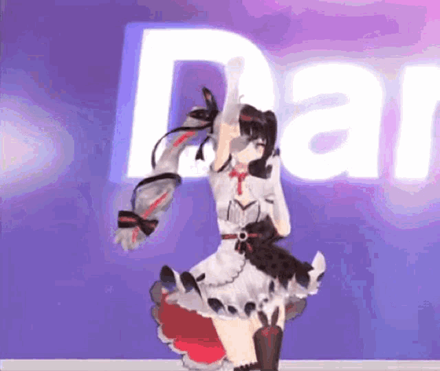 a 3d anime girl is dancing in front of a purple background with the word dance in the background .