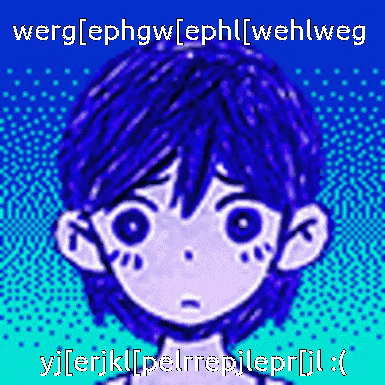 a pixel art drawing of a boy with blue hair and the words " werg [ephgw [ephl [wehlweg "