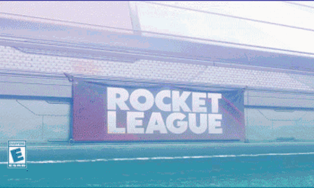 a rocket league banner hangs on a building