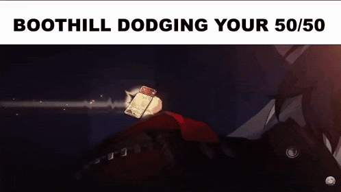 a man in a red hat is holding a book in his hand and says boothill dodging your 50/50 .