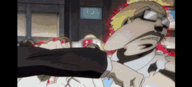 a man with glasses and a beard is being punched in the face by another man