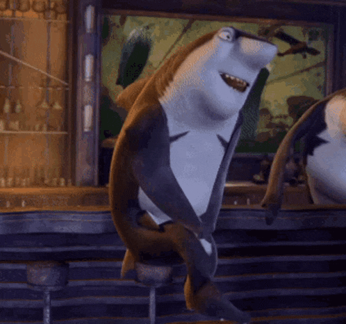 a cartoon shark is standing in front of a window with a boat in the background