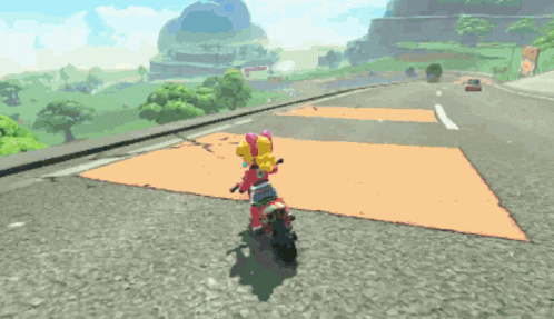 a cartoon character is riding a bike on a road