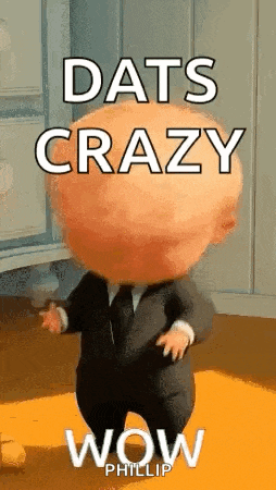 a baby in a suit and tie is dancing in a room with the words `` dats crazy wow '' written on it .