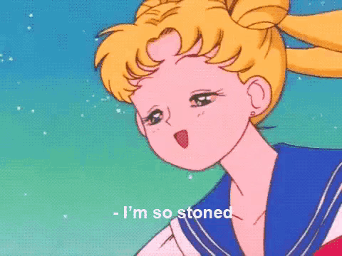a cartoon of sailor moon with the words i 'm so stoned on the bottom